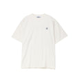 White t-shirt with a small logo on a white background