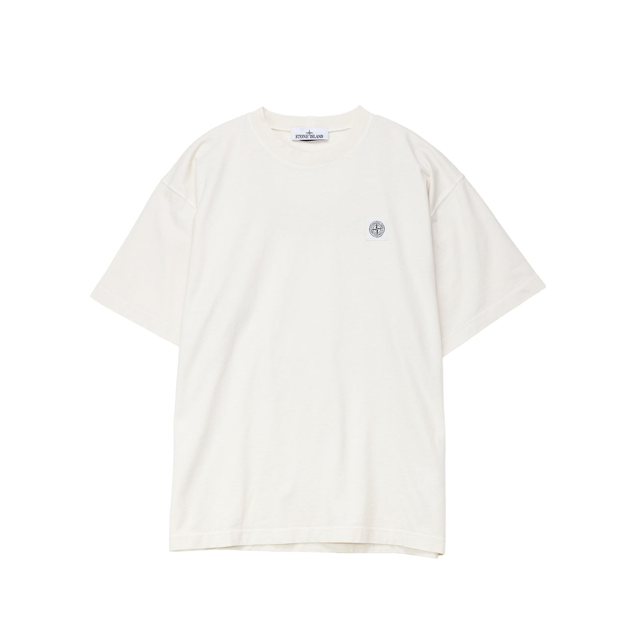 White t-shirt with a small logo on a white background