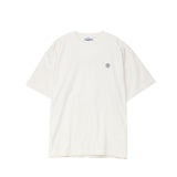 White t-shirt with a small logo on a white background