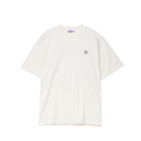 White t-shirt with a small logo on a white background