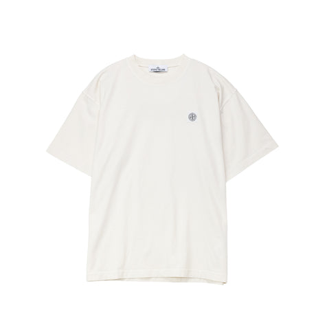 White t-shirt with a small logo on a white background