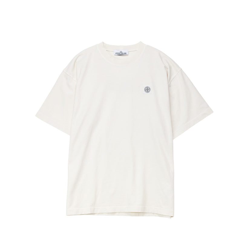 White t-shirt with a small logo on a white background