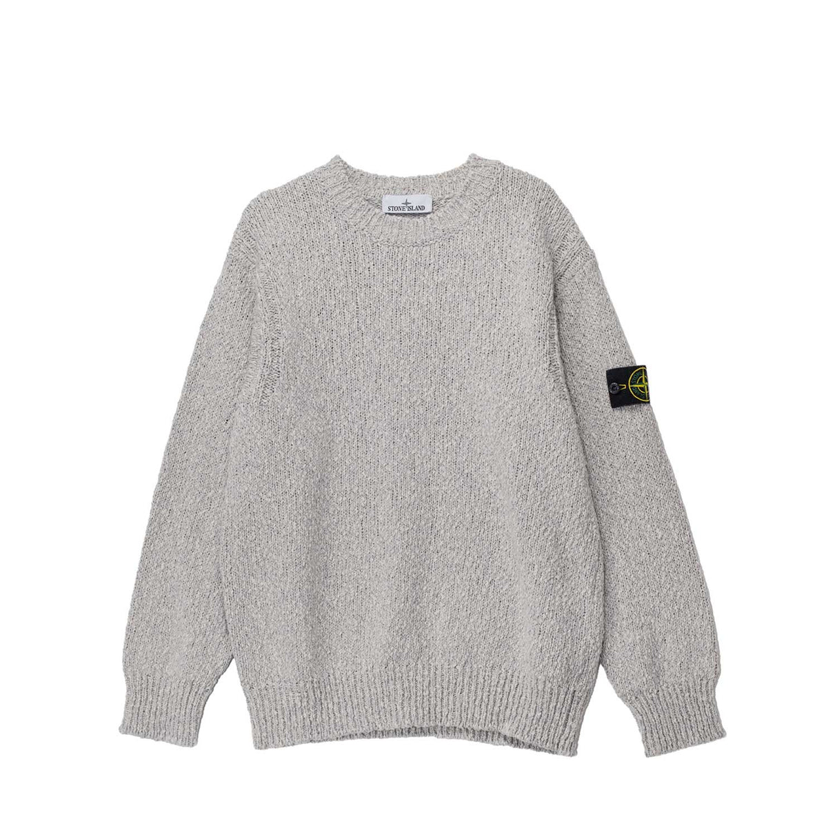 Gray sweater with a brand label on a white background