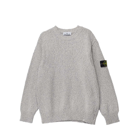 Gray sweater with a brand label on a white background