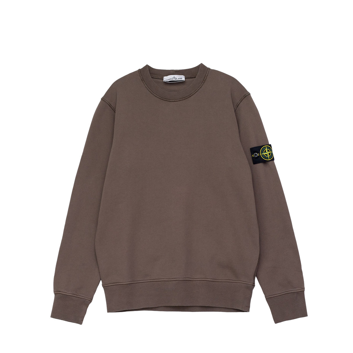 Brown sweatshirt with a logo on the sleeve against a white background