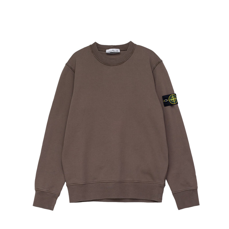 Brown sweatshirt with a logo on the sleeve against a white background