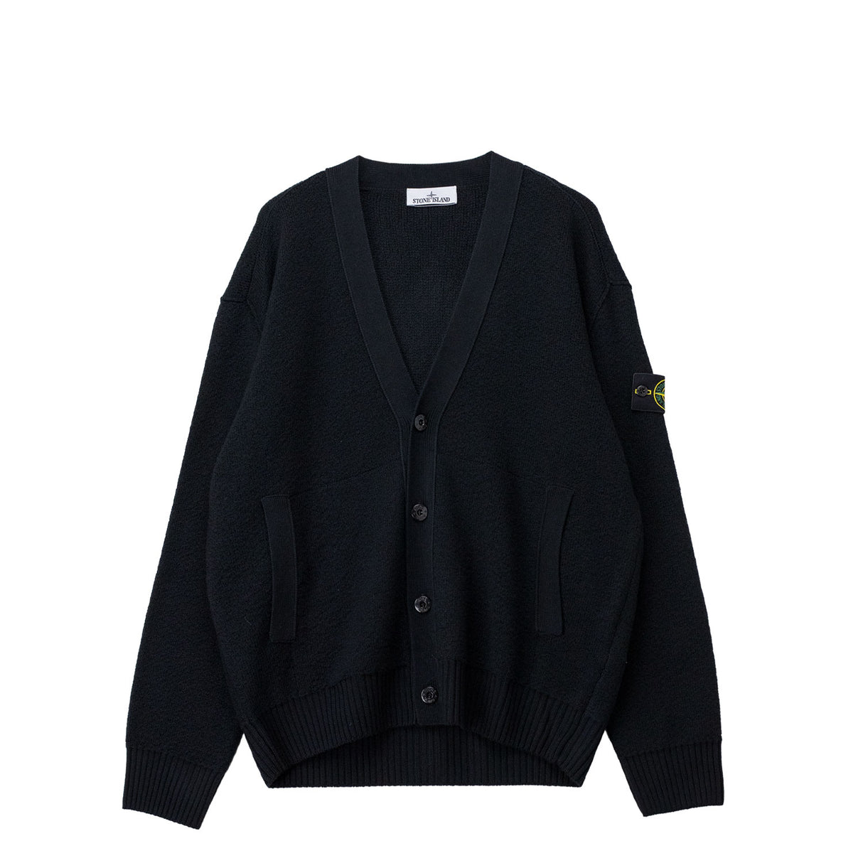 Black cardigan on a white background. 