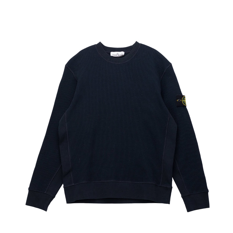 Navy blue sweatshirt with a brand logo on a white background