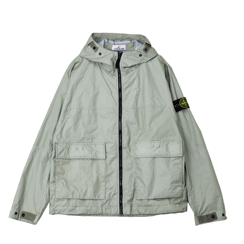 Light gray jacket with a brand logo on a white background