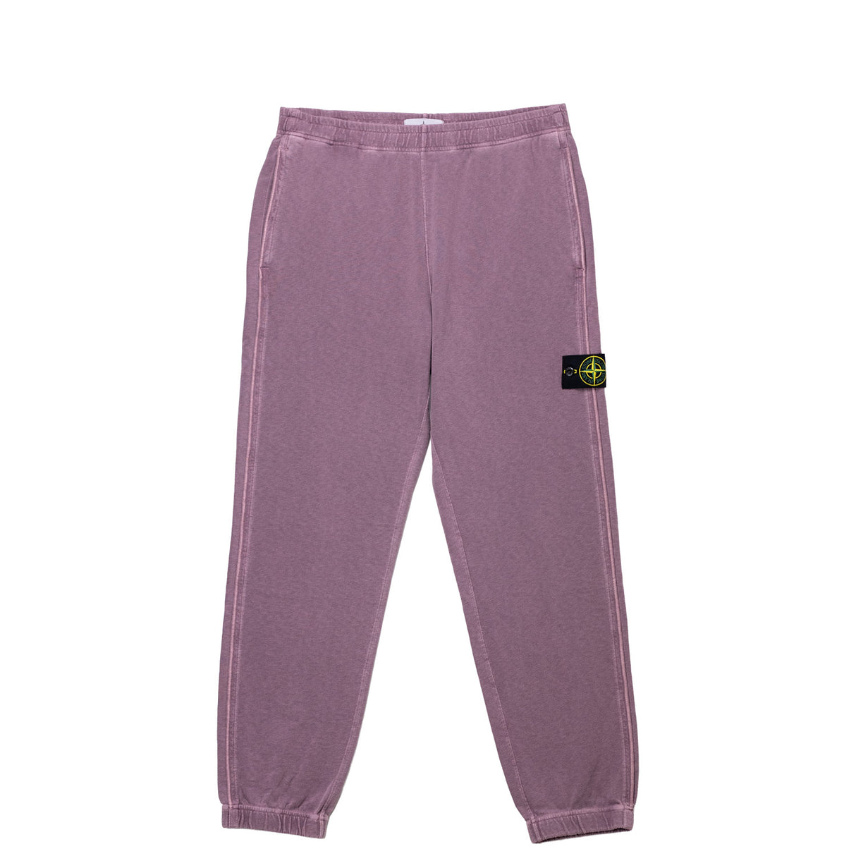 Purple sweatpants with a brand logo on a white background
