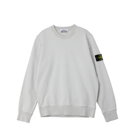 Light gray sweatshirt with a brand logo on the sleeve against a white background