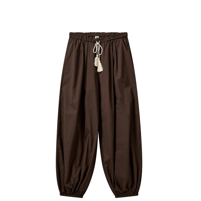 Brown pants with a drawstring on a white background