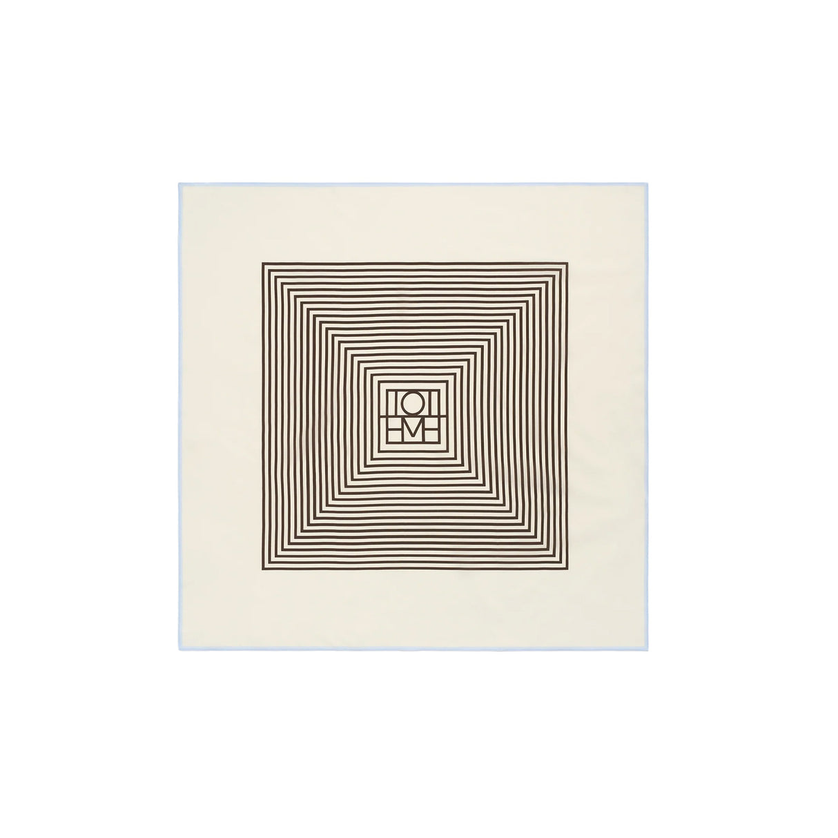 An off-white square fabric item, likely a bandana or napkin, featuring a central geometric design of concentric dark brown squares and a central monogram logo.