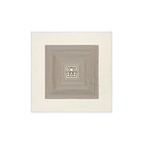 An off-white square fabric item, likely a bandana or napkin, featuring a central geometric design of concentric dark brown squares and a central monogram logo.