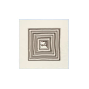An off-white square fabric item, likely a bandana or napkin, featuring a central geometric design of concentric dark brown squares and a central monogram logo.