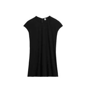 A black short-sleeve tunic top with a crew neck and a small front keyhole closure, shown against a plain white background.