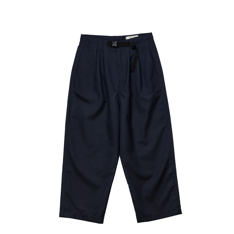 Dark blue pants with a belt on a white background