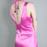 Ganni F8210 DOUBLE SATIN HALTER-NECK DRESS, Wild Orchid