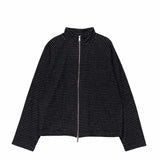 Black zip-up jacket with a subtle pattern on a white background