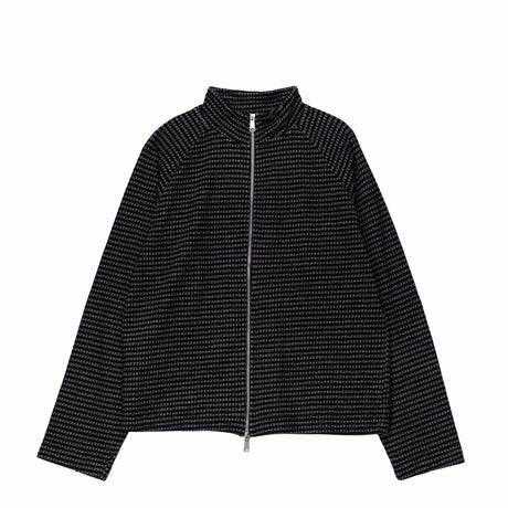 Black zip-up jacket with a subtle pattern on a white background
