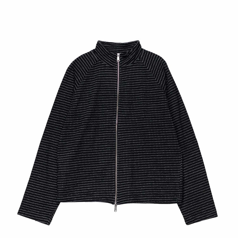 Black zip-up jacket with a subtle pattern on a white background